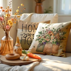 Farmhouse Throw Pillow Cover Flower House - 18 x 18 Spring Garden Pillow Cushion Case - 4 Pack Linen Vase Pillow Cushion Cover, Great for Couch Chair Yard Living RoomHome Decor(Colourful-02, 18"x18")