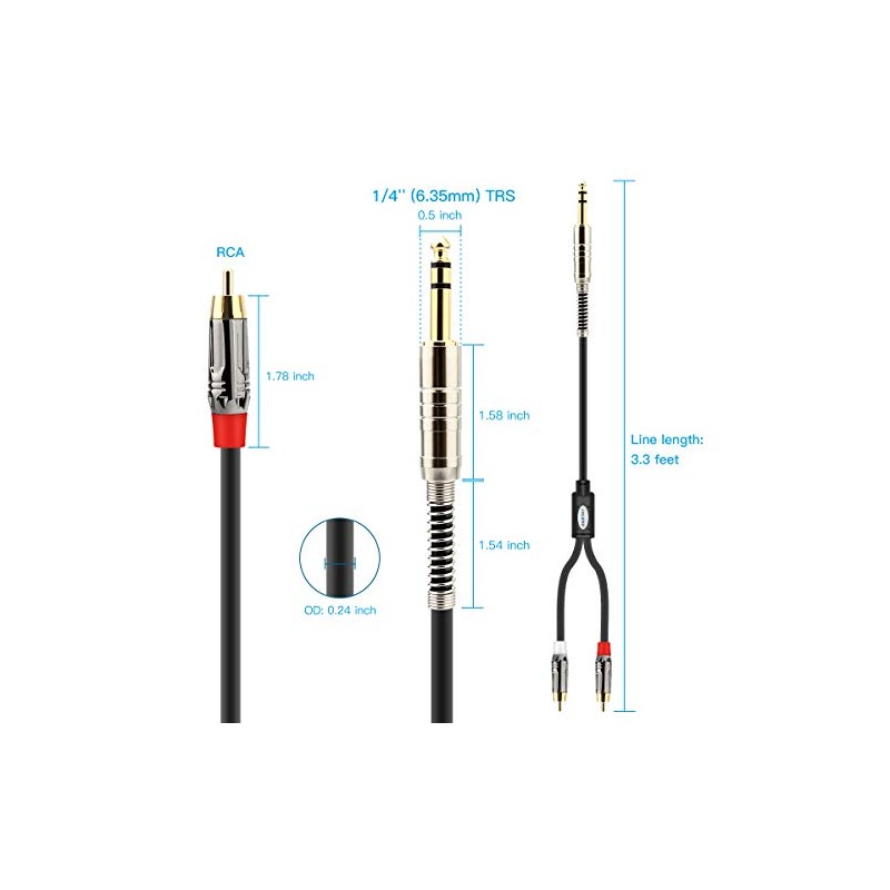 JOLGOO Cable de inserción TRS de 1/4" a RCA dual,