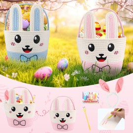 Easter Bunny Basket for Kids, Large Capacity Easter Egg Fillable Basket with Handle, Bunny Ears Colorful Woven Baskets for Boys, Girls, and Babies, Perfect for Easter Egg Hunts, Party, and Gift Giving