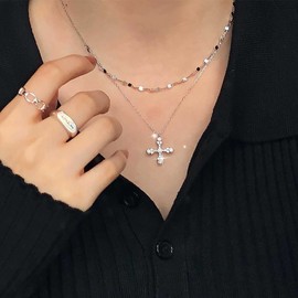 TseenYi Layered Cz Cross Necklace Silver Cross Cz Necklace Shine Crystal Choker Necklace Sparkling Rhinestone Cross Pendant Necklace Boho Chain Necklace Chain Jewelry for Women Girls Gifts