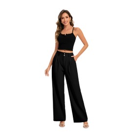 FUNYYZO Women Long Dress Pants High Waisted Work Pants Dressy Casual Wide Leg Elastic Waist Trousers Black