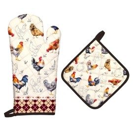 Arquiel Oven Glove and Pot Holder Chicken Set of 2, 100% Cotton Cooking Gloves, Heat Resistant Kitchen Glove for Cooking, Baking, Barbecuing, Gift