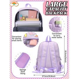 Bulyoou Preppy School Backpack Set for Girls Backpack and Lunch Bag with Chenille Patches Preppy Bookbag Lunch Bag for Back to School Gift(Purple)