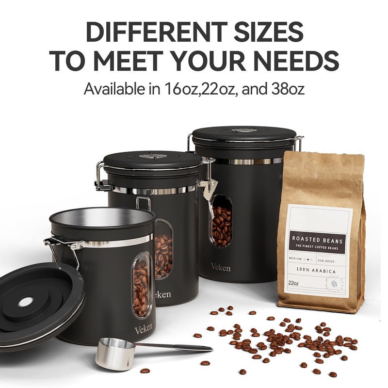 Veken Coffee Canister with Window,Airtight Stainless Steel Container,Home Kitchen Food