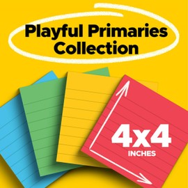 Post-it Super Sticky Lined Notes, 4 Sticky Note Pads, 4 x 4 in., School Supplies and Office Products, Ideal for Textbooks, Notebooks, Walls and Vertical Surfaces, Playful Primaries Collection