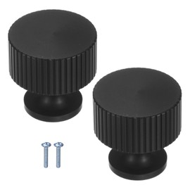 M METERXITY 2-Pack Matte Black Cabinet Knobs, 1-1/10" Striped Round Modern Aluminum Knobs Handles for Dresser Drawers/Office Decorative/Kitchen Bathroom Door [Black]