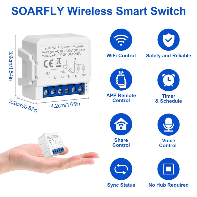 SOARFLY Smart Lichtschalter Modul 2-Weg, WLAN Schalter Smart Life Tuya