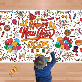 OHOME Happy New Year Giant Coloring Poster/Tablecloth - New Years Decorations 2025-30 x 72 Inches Jumbo Coloring Banner Kids Crafts Activities Party Decorations | New Years Eve Party Supplies