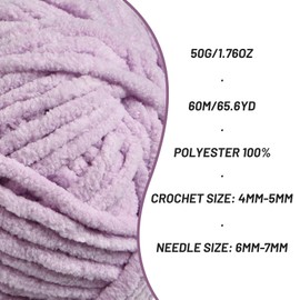 Plush Chenille Chunky Crochet Yarn - Baby Yarn for Crocheting Soft - Velvet Yarn Knitting for Blankets Crafts - Fluffy Amigurumi Yarn 50g / 65.6yd (Light Purple)
