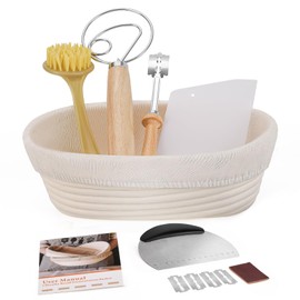 Clheatky Oval Proofing Basket, 25 x 15 x 8 cm, Proofing Basket for Bread Baking Set, Made of Natural Wicker with Scraper and Linen, Proofing Basket for Bread Baking, Holds 500 g Dough