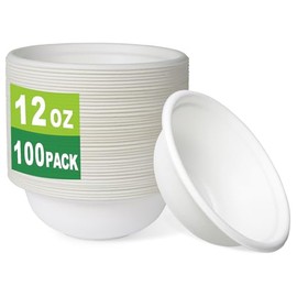 GreenWorks 100 Count 12 OZ Compostable Bowls, Biodegradable Bagasse and Bamboo fiber Paper Bowls