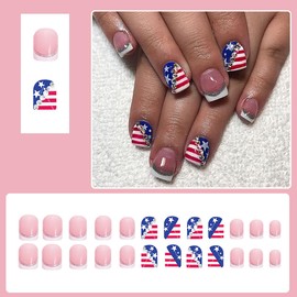 4th of July Press on Nails Short Petite Cute Fake Nails American Flag with Rhinestones Independence Day False Nails Glitter French Tip Acrylic Nails Patriotic Glue on Nails for Holiday Manicure 24Pcs