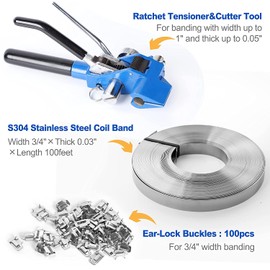 Steel Banding Strapping Kit - Stainless Banding Tool Ratchet Tensioner, 3/4"*100Ft S304 Stainless Banding Coil, 100pcs Ear-Lock Buckles, Metal Banding Tools for Strapping High Tensile Package