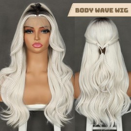BABEHERS Platinum Blonde Lace Front Wig 13x4 Pre Plucked 60# Ombre Silver Body Wave Synthetic Wavy Wigs for Women with Dark Roots Curtain Bangs 22 Inch Daily Cosplay Party Use