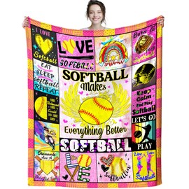 Soft Softball Blankets for Girls Boys 8-10-12, Warm Cozy Softball Blankets and Throws Sport Fans Bed Bedding Sofa Birthday Christmas Softball Gifts for Team Teen Girl Adults 80"x60"