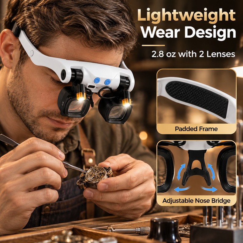 LED Head-Mounted Magnifier for Precision Work – 2-Pack with Interchangeable