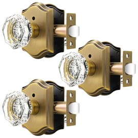 Orger Octagonal Crystal Door Knobs 3 Pack, Interior Privacy Door Handle for Bed/Bathroom with Pin Lock Inside, Antique Bronze Vintage Rosette Door Knob with Heavy Duty Genuine Glass