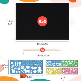 Scratch Art Paper For Kids, 50 Pcs Rainbow Scratch Notes Paper Arts Set Black Doodle Pads with 4 Stencils 5 Wooden Stylus for Party Game Easter Presents Birthday Gift Party bag filling (5.1'' x 7.4'')