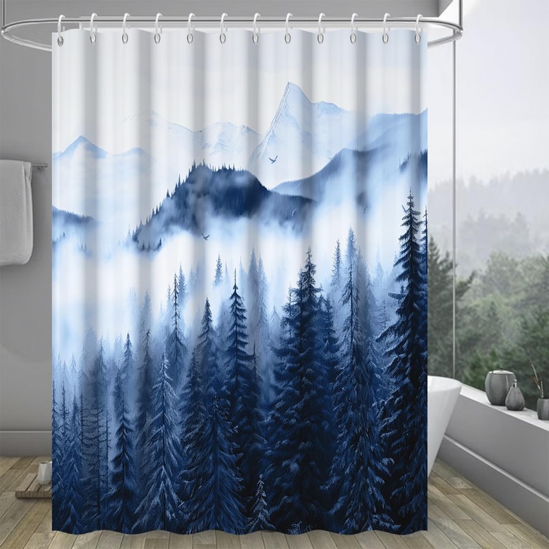 Ruelvth Mountain Shower Curtain, Navy Blue Misty Forest Shower Curtain