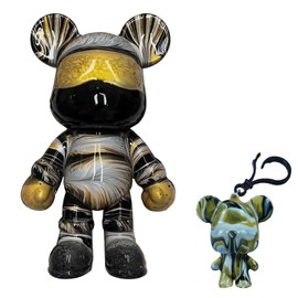 Coniuty DIY Fluid Bear + Bear Keychain Painting Set, Teddy Bear Figure for Creative Fluid Art and Home Decoration (9 Inch, Black+White+Gold)