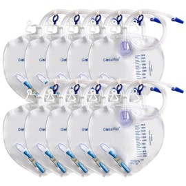 GlobalRoll Urinary Drainage Bag with Anti-Reflux Chamber, Bedside Drainage Bag 2000 mL with 48" Drainage Tube, Hook Hanger and Clips, Urine Bag with Metals Buckle for Home and Hospitals, 10 Pack