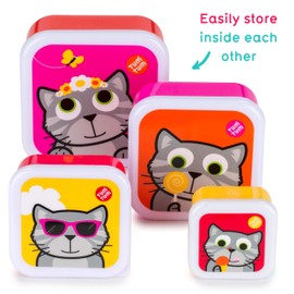 TUM TUM Kinder Brotdosen Set - viereckiges Brotboxen Set (4 St) - für Schule, Kindergarten, Ausflüge - extra ineinander stapelbar - Frühstücksbox aus Kunststoff - BPA frei - Pausenbox (Katze Bluebell)