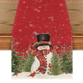 Artoid Mode Snowman Birds Scarf Trees Christmas Table Runner, Seasonal Winter Xmas Kitchen Dining Table Decoration for Home Party Decor 40x240 cm