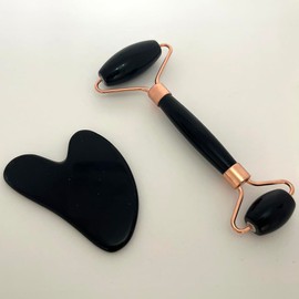 VIE Gua Sha and Crystal Face Roller Gift Set, Black Obsidian