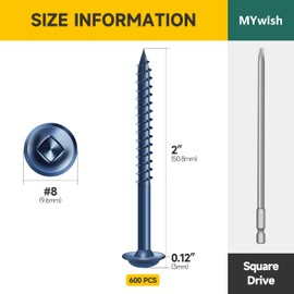 Mywish 600Pcs Pocket Hole Screws 2 Inch, Wood Screws #8 x 2 Washer Head Square Drive Self Tapping Pocket Screws, Blue Coated, with 150MM Pocket Hole Drill Bit