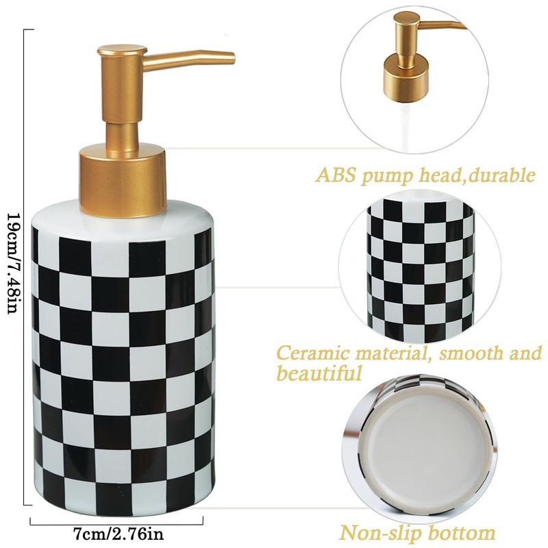 Checkered Ceramic Soap Dispenser White and Black,Liquid Lotion Dish Hand