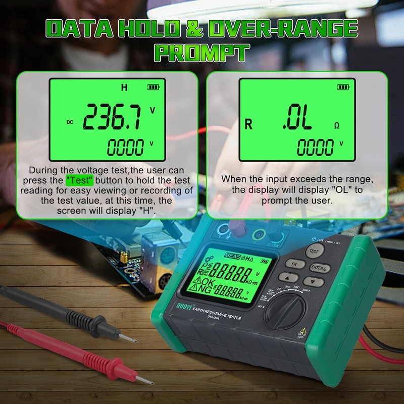 DUOYI Earth Ground Resistance Tester 0.03-2000Ω Soil Resistivity Meter,Upgraded Earth