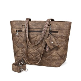 FADEON Quilted Tote Bag for Women Designer Laptop Tote Bag 15.6-Inch Large Laptop Purse Faux Leather Shoulder Handbag Brown