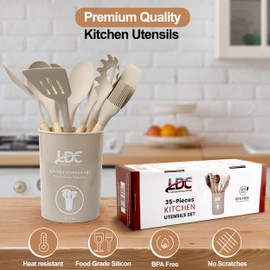 LUX Decor 35 PCS Kitchen Utensils Set with Holder, Silicone Non-Stick and Heat Resistant Cooking Spatula Set with Wooden Handles - Kitchen Essentials Tools and Gadgets (Khaki)