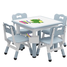 RONIPIC Height Adjustable Toddler Table and 4 Chairs Set with Graffiti Desktop, Kids Table and Chairs Set with Storage, Non-Slip Legs, Kids Activity Table for Home, Nursery
