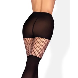 Mila Marutti Mock Suspender Pantyhose for Women | Black Faux Thigh High Stockings | Patterned Fashion Fishnet Tights - M, Black