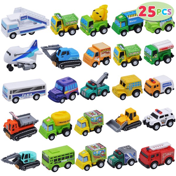 JOYIN 25 Piece Pull Back City Cars and Trucks Toy Vehicles Set for Toddlers, Girls and Boys Kids Play Set, Die-Cast Car Set