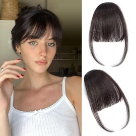 JAMBALAYA Clip In Bangs Human Hair Brown Black Bangs Wispy Clip On Bangs For Women Human Hair Bangs Fringe With Temples Hairpieces Daily Wear Curved Bangs