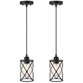 Osimir Glass Pendant Lights Kitchen Island 2 Pack, Black Mini Pendant Light with Clear Glass, Farmhouse Industrial Cage Hanging Lighting for Kitchen Sink Dining Room Bathroom, CH9176-1-2PK