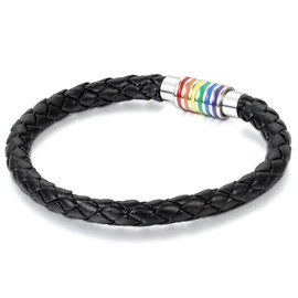 JewelryWe Mens Womens Black Leather Rainbow Gay Pride Bracelet 8.7in Stainless Steel