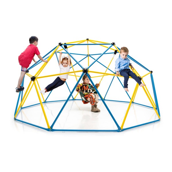 GYMAX Dome Climber, Kids Climbing Set with Convenient Grip, Outdoor Indoor Children Climbing Frame for 3-10 Years Old Boys Girls (10FT+a Swing, Yellow+Blue)