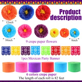 TaoBary 16 Pcs Mexican Paper Flowers Mexican Party Decorations Streamer Backdrop and Papel Picado Banner Mexico Fiesta Party Decorations Supplies Set for Cinco De Mayo Party Wedding (Bright Style)
