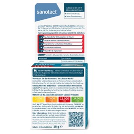 sanotact sanotact Laktase 13.000 EXPRESS (40 Laktasetabletten) • Laktose Tabletten mit Sofortwirkung • Bei Laktoseintoleranz & Milchunverträglichkeit • Für spontanen Genuss von Milchprodukten