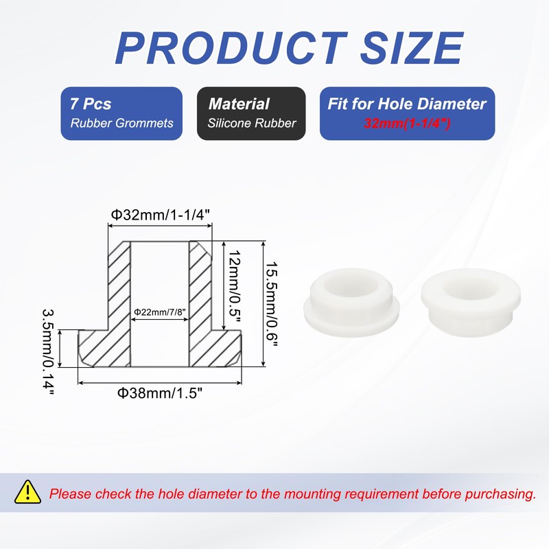 PATIKIL Silicone Rubber Grommet, 7 Pcs 1-1/4"(32mm) Drill Hole, 7/8"(22mm)