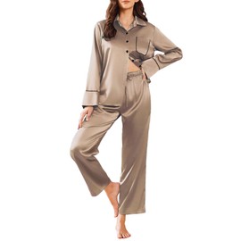 Ekouaer Silk Pajamas for Women Satin Pajama Sets Button Down Lounge Sets Silky Pajama Long Pants Sleepwear with Pockets Khaki