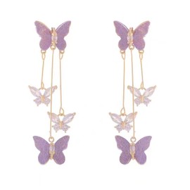 Purple Butterfly Tassel Style Zircon Earrings for Women Crystal Rhinestone Drop Earrings 3D Long Butterfly Dangle Earrings Jewelry Gift