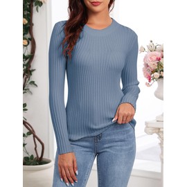 Famulily Women's Round Neck Ribbed Knit Pullover Jumpers Long Sleeve Stretchy Winter Sweater (M, Grayish Blue)
