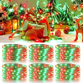 Enhon 6 Pack Christmas Fairy String Lights Timeable, 16.5ft Red Green 50 LED Copper Wire Light String Battery Operated, Christmas Fairy Lights for Indoor Outdoor Decorations