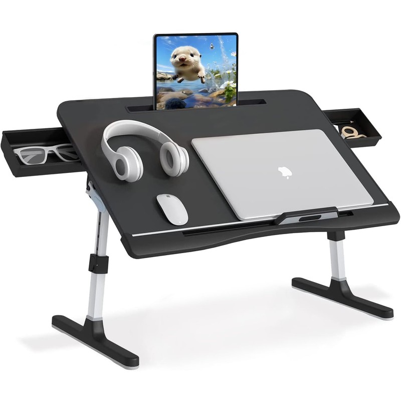 Bed Desk for Laptop, Adjustable Lap Desk with 2 Storage
