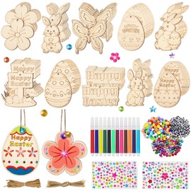 Luckeey Easter Crafts Children Wooden 265 Pieces - DIY Easter Decoration Easter Pendant for Painting, with Watercolour Pen, Rhinestones, Decorative Cord, Eyes etc. - Crafts Easter Gifts Children 4 5 6
