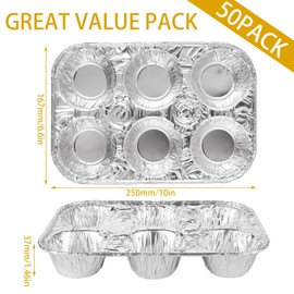 SENENQU Pack of 50 Aluminum Foil Muffin Pans, Holds 6 Cupcakes/Muffin & Pie foil Pan, Standard Size Cupcake Pans, Disposable Muffin Tin for Baking